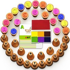 Montessori Wooden Letter Number Stamps Set with 7-Color Ink Pads, ABC 123 Fl...