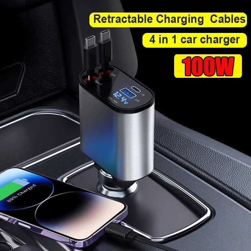 Cargador de Coche Retráctil 100W 4EN1 USB Tipo-C Cable para Teléfono Carga Rápida-Adaptador Foto 3 de 4