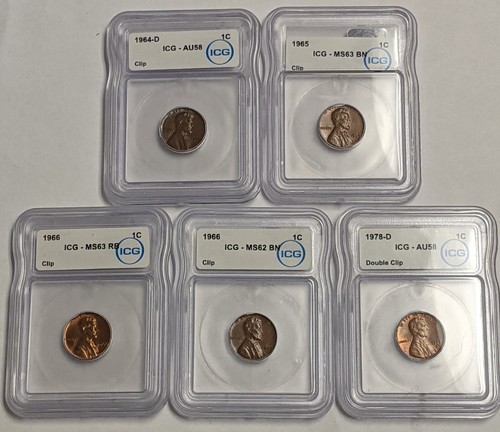 x5 Clipped Planchet Lincoln Memorial Cents ~ ICG Graded AU58-MS63 1c Error Lot