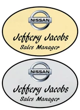 1 GOLD & 1 SILVER OVAL NISSAN PERSONALIZED NAME BADGES MAGNETIC FASTENER