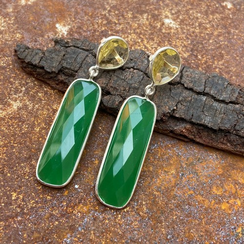 925 Sterling Silver Mother's Day Gift Green Chalcedony Lemon Quartz Dangle Ear - Picture 4 of 7