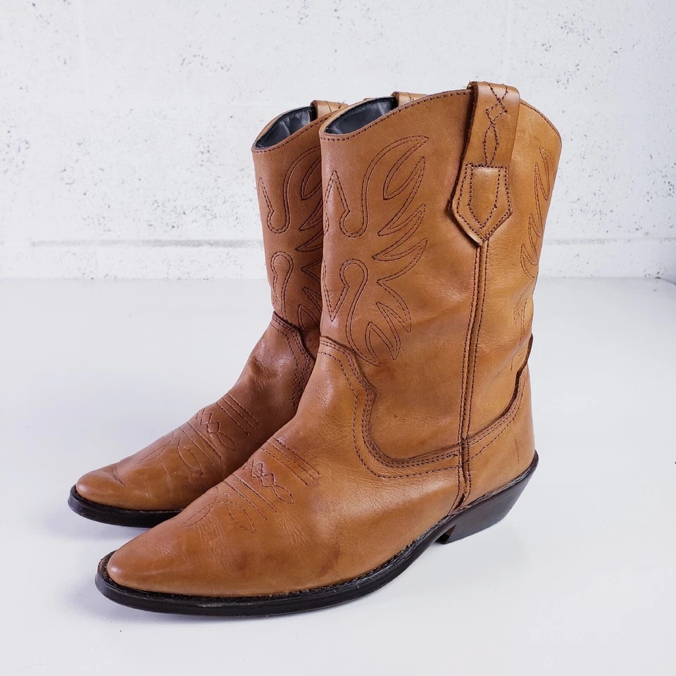 VTG Sandra Miller Womens 7.5 Leather Western Boots Tan Mid-Calf Embroidered - Image 2 of 4