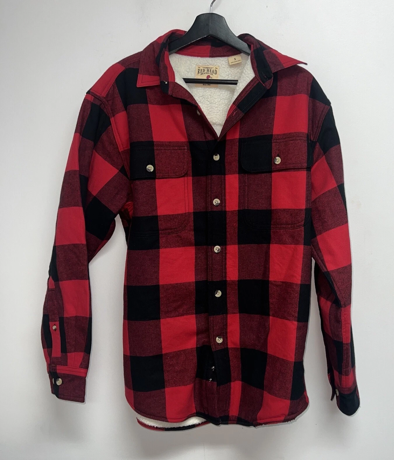 Red Head Flannel Shirt Mens Small Red Black Buffalo Plaid Shacket Sherpa Lined