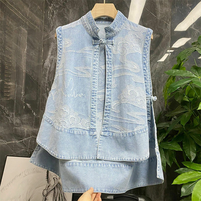 Femme Asym trique Gilet Haut sans Manche Jeans Bouton Grenouille
