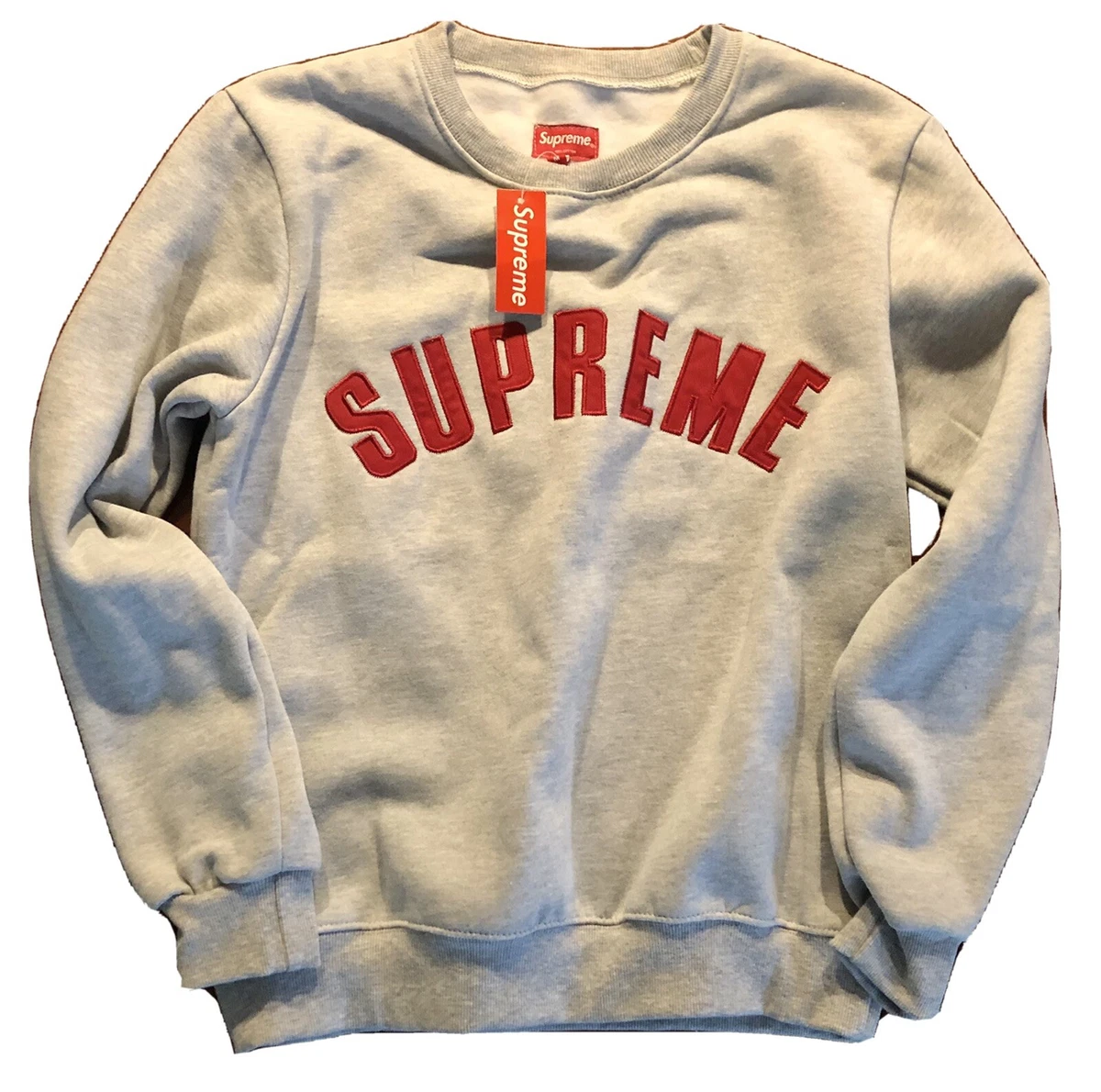 BRAND NEW Supreme Red Logo Crewneck Grey Size M Medium 100% Cotton Rare Soft