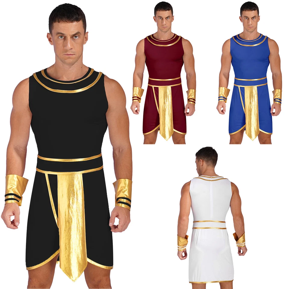 Conjunto de fantasia masculina egípcia clubwear roupa de Halloween gola redonda com punhos toga - Imagem 2 de 3