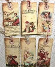 Christmas Santa Vintage Prim Style (6) Gift Hang Tags~Collage Junk Journal~#188R
