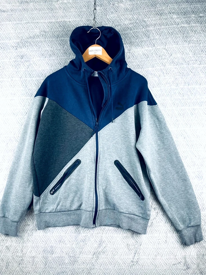 Puma Sweat Zip Homme M Bleu Gris Colorblock Coton Capuche Hiver Sportswear - Photo 4/4