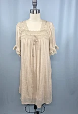 INDIGO ROSE Dress SIZE SMALL tan lace chemise Victorian cottage boho rayon