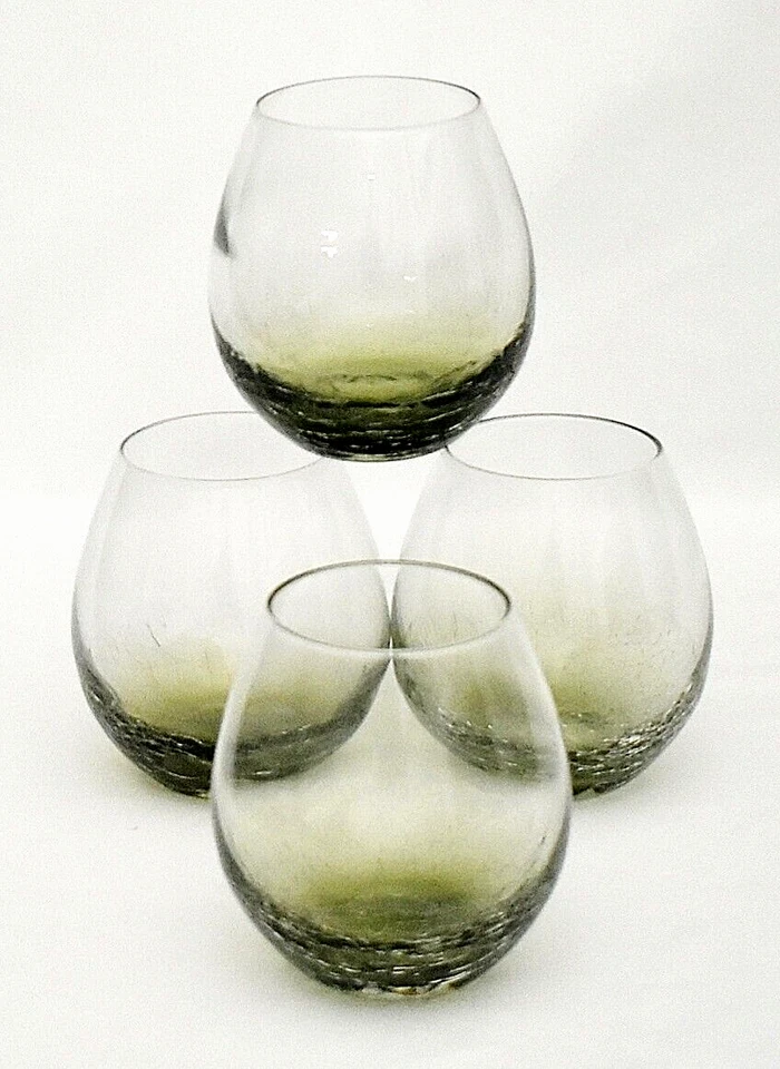 Pier 1 Set Of 4 Ombre Olive Green Seamless Crackle Glass Wine Glasses - Image 3 of 3