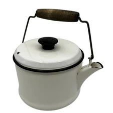 Vtg Enamelware Tea Kettle White Black Trim Wood Handle Stove Top Kitchen Decor