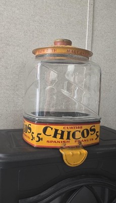 ANTIQUE CURTISS CANDY CO CHICO'S 5 CENT SPANISH PEANUTS GLASS JAR METAL ART SIGN