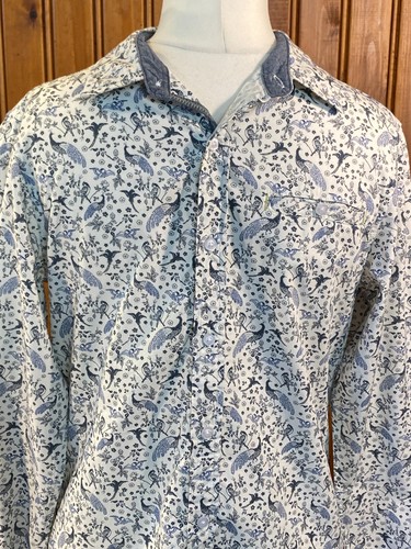 WHITE STUFF Men's White Blue/Grey Cotton Shirt Peacocks & Birds Pocket Size S - Imagen 4 de 9