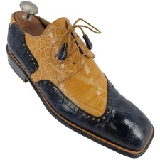 Mauri Vintage Alligator Exotic Mens 12M Honey Tan Navy Blue Dress Shoes Italy