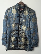 Chinese Silk Brocade Jacket Blue Gold Embroidered L SI XL Tang Style