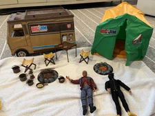 Big Jim lot.  Includes camper, tent and various clothes, shoes, hats and misc.