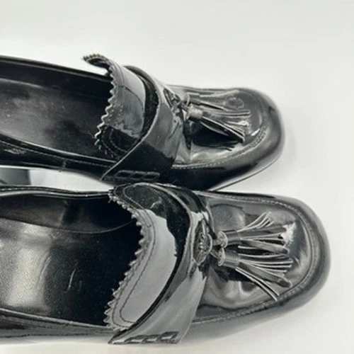 Zapatos de salón para mujer Tahari años 90 charol negro borla mocasín tacón bloque 10M Foto 3 de 4