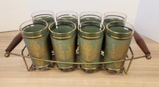 Jeanette Glass Co Laurel & Lyre 8 Piece Glass Set with Holder Vtg Green & Gold