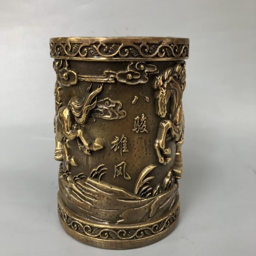 Chinese Copper bronze Handmade Carved Eight horses statues Exquisite brush pot - Picture 3 of 8
