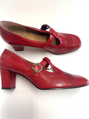 Thomas Dixon Bedggood Block Heel Top Strap Leather Shoes Vintage 9.5 Red New. - Picture 2 of 10