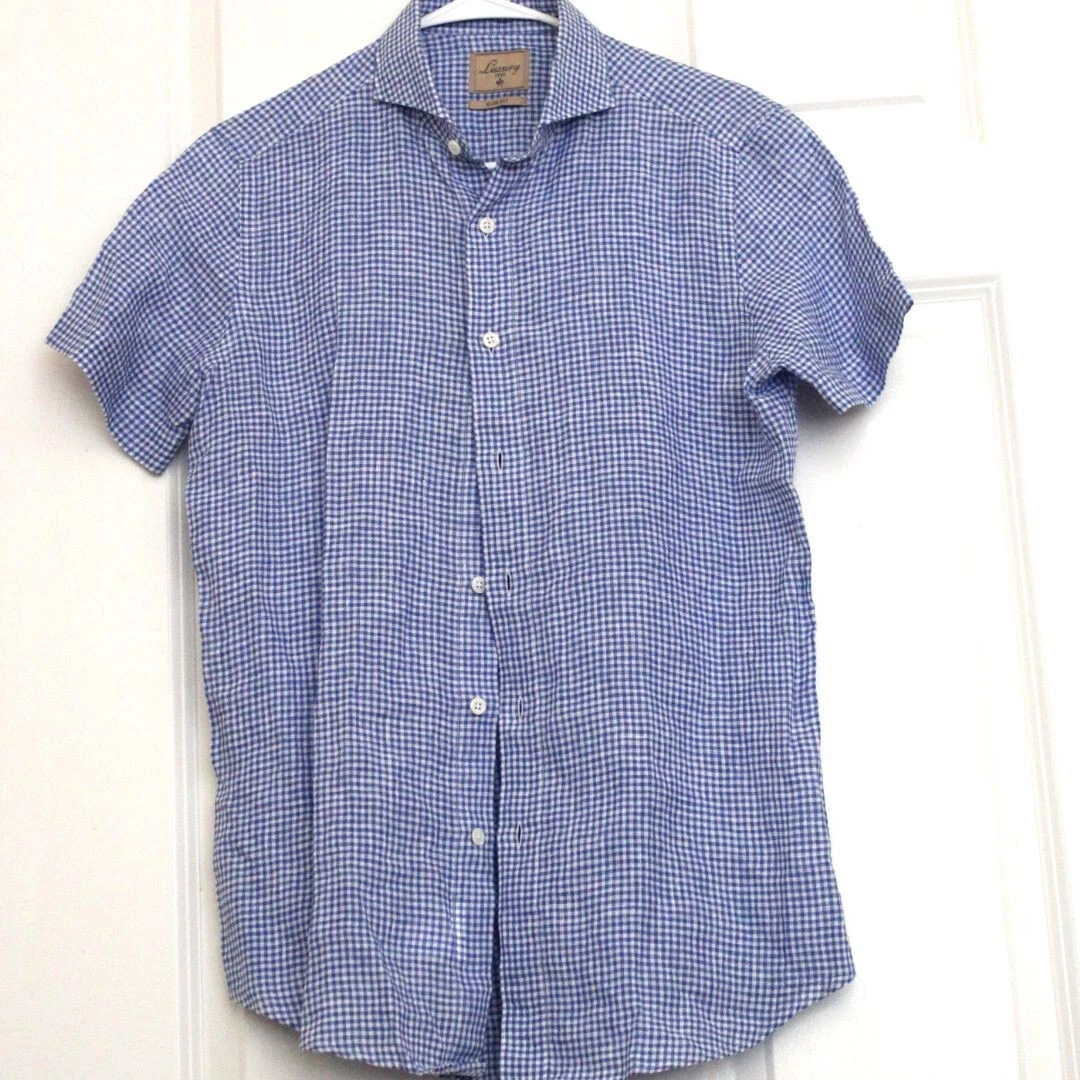 CIT Blue Linen Short Sleeve Shirt Gingham Men's Size 38 Made in Albania