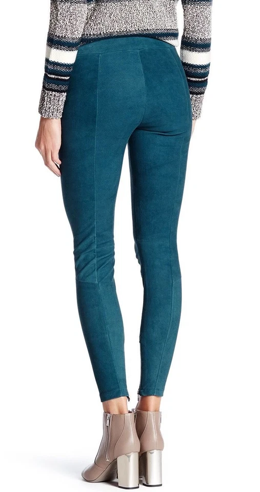 VINCE Pantalones Ajustados al Tobillo Cremallera Elastizados Gamuza Cuero Verde azulado Leggings $945, Talla XXS Foto 2 de 4