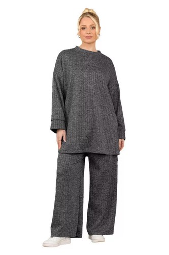 Women's 2 Pcs Needle Ribbed Long Sleeves Loungewear Set - Picture 3 of 6