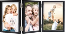 Black 5x7 Triple Hinged Photo Frame MDF Wood Stand for Vertical Display
