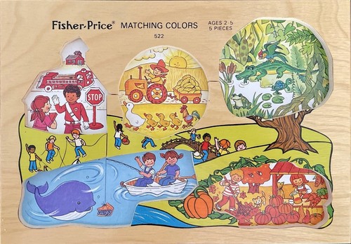 Fisher Price Wood Knob Puzzle Matching Colors 5 pc Hidden Scenes 1976 522 - Picture 2 of 4