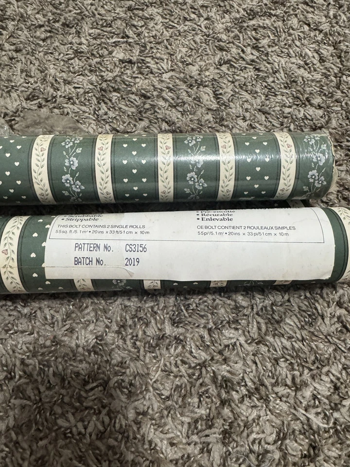 Papel Pintado Rosedale Vintage CS3156 Verde y Marfil Rayas Corazones y Flores 2 Rollos Foto 3 de 4