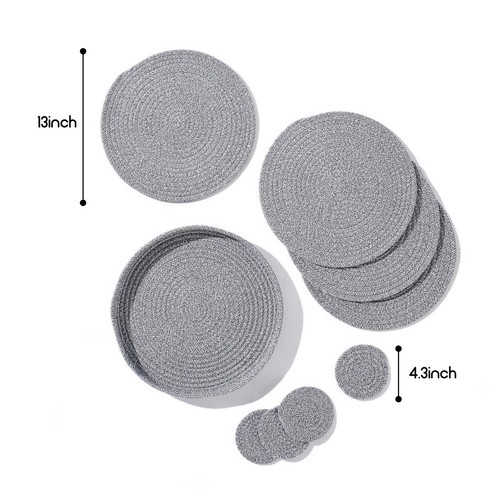 Gewebte Baumwollseil runde Tischsets Set 9-teilig Boho 13 Zoll Tischsets & 4,3 Zoll Untersetzer - Bild 48 von 48