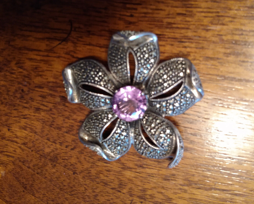 Vintage Judith Jack - große Sternenblume Markasit/Sterling/Amethyst Brosche - Bild 4 von 16