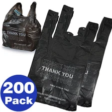 200 1/6 Size .51 Mil Black Thank You HDPE  Plastic Reusable Plastic T-Shirt Bag 