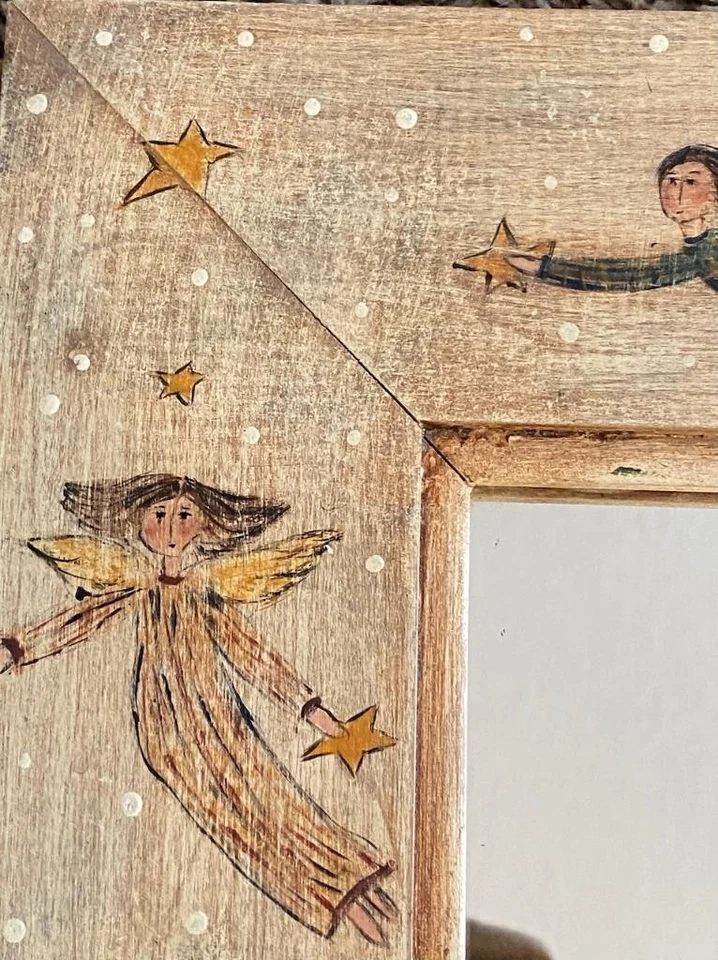 Primitive Hand Painted Folk ART Flying Angels Mirror signed TLC Walnut Creek 11" - Image 4 of 4