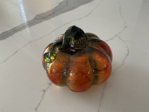 Hand Blown Orange Crackle Glass Pumpkin Gourd Art Swirl Stem - Picture 2 of 8