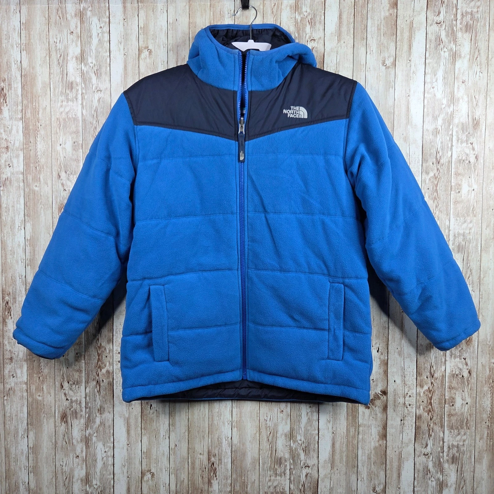 The North Face Reversible Blue Zip Up Hooded Fleece Lined Jacket Boys L 14/16