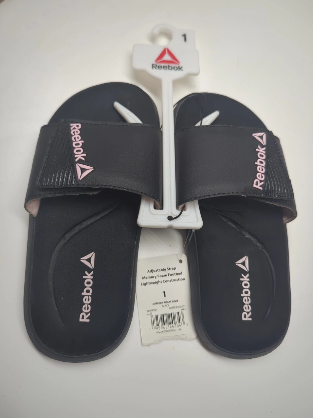Girls memory Foam Reebok Flip Flops Slides Size 1 Nwt Black Pink