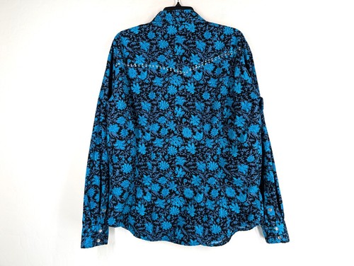 COWGIRL HARDWARE Shirt XL Blue Black Floral Western Embellished Rockabilly Top - Picture 4 of 17