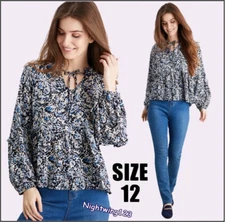 TU Size 12 Blue Black Beige Abstract Butterfly Blouse Top Long Wide Arm Sleeves