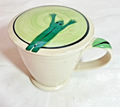 VTG Frog Coffee Mug With Lid Hand Painted Studio Art Pottery Signed 6”