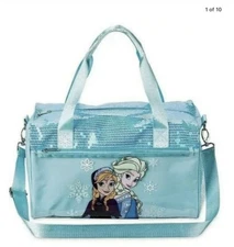 Disney Parks Frozen Elsa Anna Duffel Travel Dance Gym Bag Teal Blue Sequins NEW