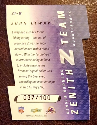 John Elway 2001 Select Zenith Z Team ZT-8 #d 37/100 Denver Broncos - Foto 2 di 2
