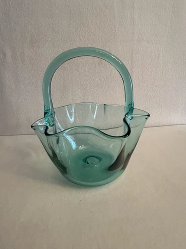 Blenko Antique Green Handled Ruffled Glass Basket