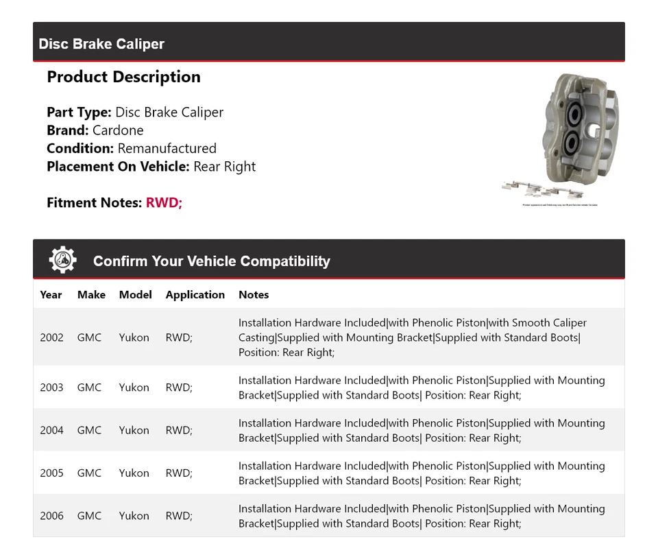 Para 2002-2006 GMC Yukon RWD pinça de freio a disco traseira direita Cardone 2003 2004 2005 - Imagem 2 de 4