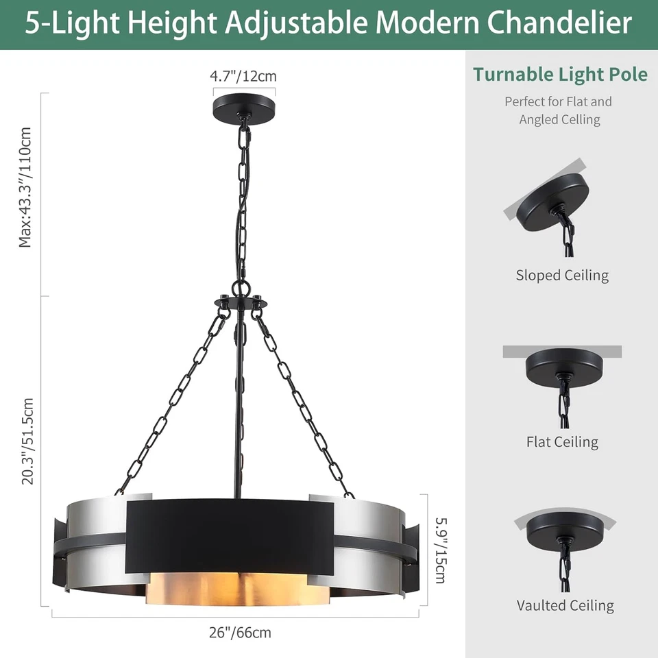 Lámpara de araña de tambor moderna, lámpara industrial de 26 pulgadas 5 luces níquel y negro Foto 3 de 4