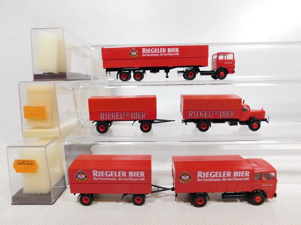 3X Brekina H0 1:87 Rimorchio MB Riegeler Birra 4408 8157 Ecc Mint+Box #DP191-1 - Immagine 2 di 4