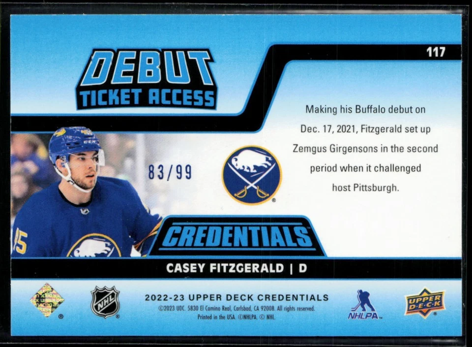 2022-23 Upper Deck Credentials Horizontal Blue #117 Casey Fitzgerald RC 83/99 - Image 2 of 2