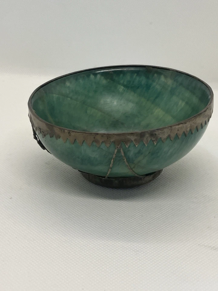 Tazón de jade vintage chino dragón y fénix superpuesto de aleación de plata grietas/arañazos Foto 4 de 4