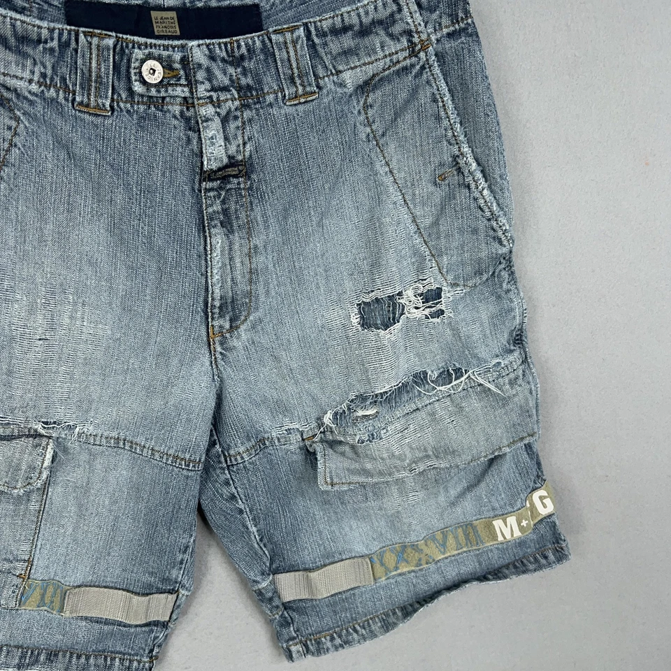 Pantalones Cortos Marithe Francois Girbaud Para Hombres 36 Azul Denim Carga Logo Envejecido Cinta Foto 3 de 4