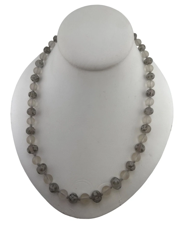 Vintage Agate Stone Beaded Necklace Gray White Round Natural Gemstone Jewelry - Image 3 of 4